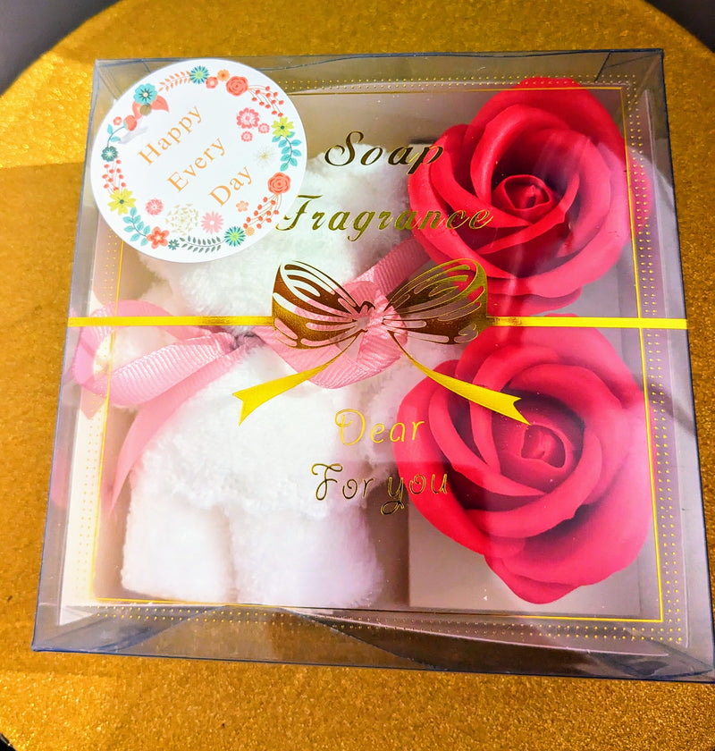 Soap rose and face cloth bear gift set