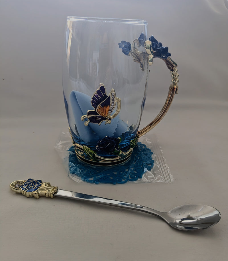 Butterfly glass tea, mat and spoon set