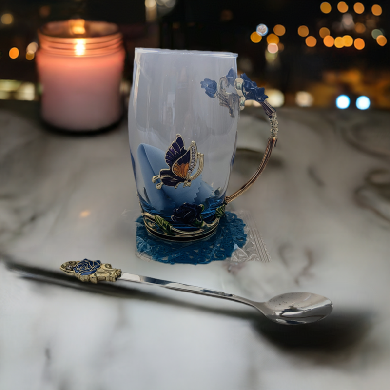 Butterfly glass tea, mat and spoon set