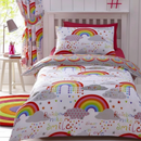 Bright rainbow kids single bedding set on a bed in a cheerful children's bedroom