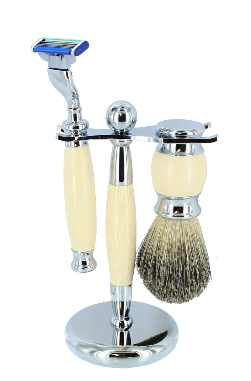 Faux Ivory Mach 3 Shaving Set Badger Brush - Bundled Gifts